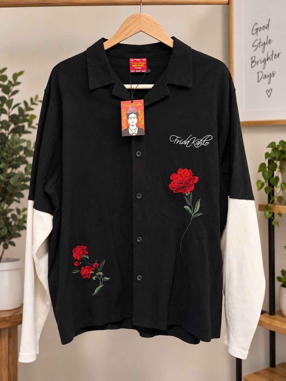 Frida Kahlo Black Button-Down Shirt with Red Rose Embroidery